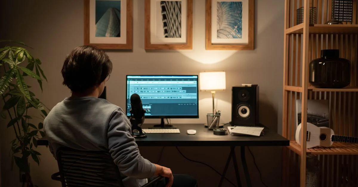 Ingénieur du son travaillant sur une production audio dans un studio moderne à domicile.